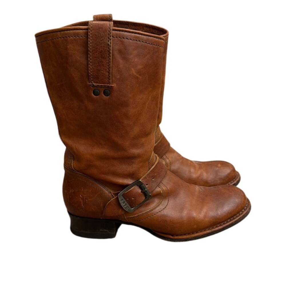 FRYE Martina Mid Engineer Boots Brown Leather Buckle Pull On Moto Slouch Women 7